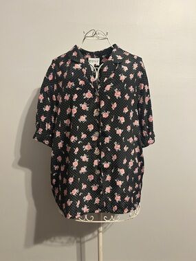 RUSS Black Button-Front Top with Pink Floral Print